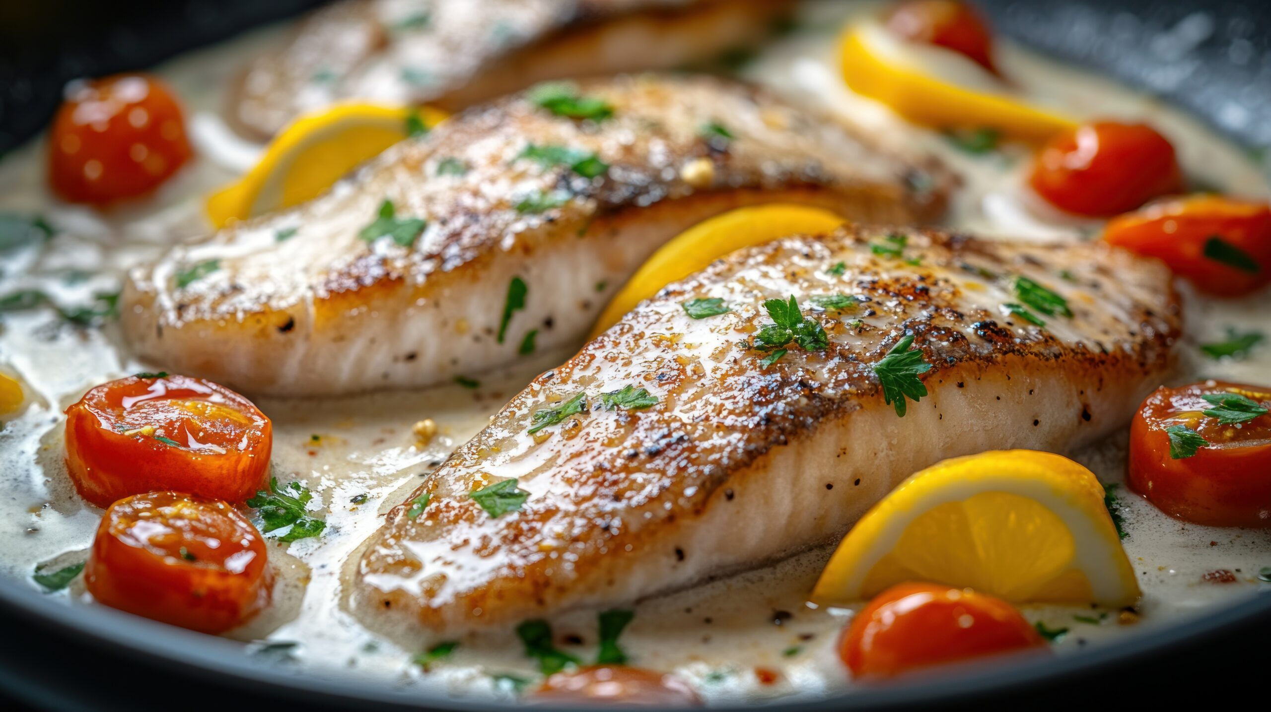 Filé de Tilápia ao molho de limão 1 Pan-seared fish, creamy sauce, lemon, cherry tomatoes, kitchen, recipe