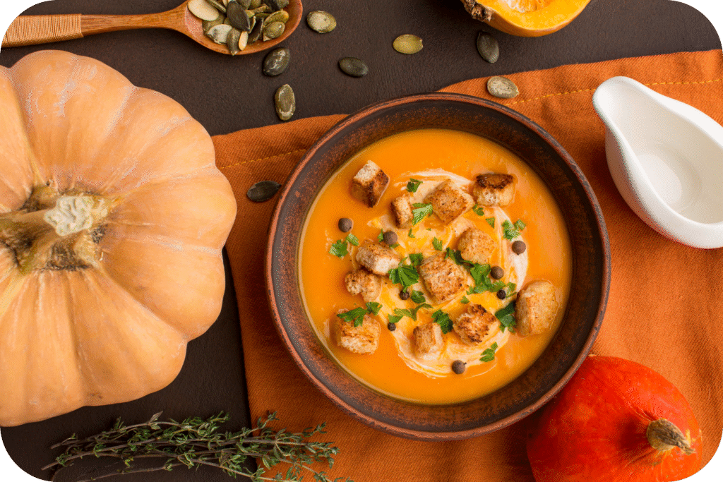 Caldo de legumes 1 flat lay winter squash soup bowl with croutons modified