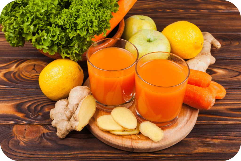 Sabores da primavera 2 frutas e legumes coloridos com suco na mesa modified
