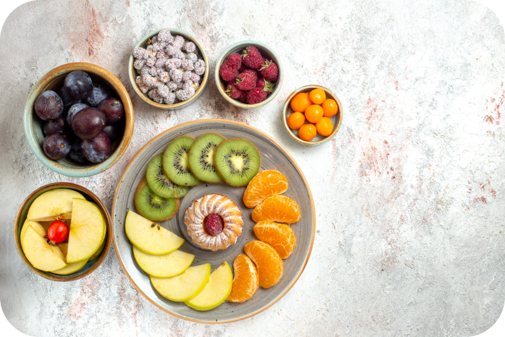 top view different fruits composition fresh sliced fruits white background vitamine mellow fruits health ripe modified